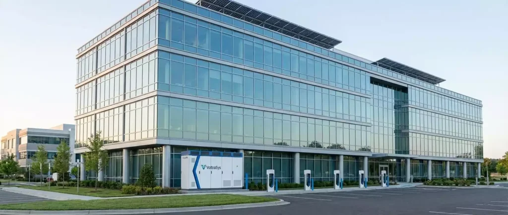 Custom Peak Shaving & Load Shifting Solution for System Integrators & Industrial Facilities 6 VoltraSys 100kWh commercial energy storage system (ESS) integrated with a modern office building. This smart energy solution combines rooftop solar panels and EV charging stations to provide peak shaving, reduce commercial demand charges, and offer reliable backup power for commercial properties.