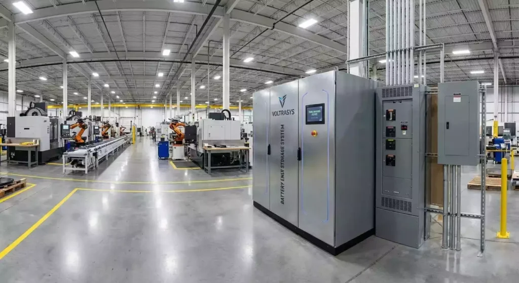 Custom Peak Shaving & Load Shifting Solution for System Integrators & Industrial Facilities 4 VoltraSys industrial energy storage system (ESS) installed in a modern manufacturing plant. This 50-100kWh modular LiFePO4 battery cabinet serves as a custom peak shaving and load shifting solution to stabilize power demand for high-power machinery and reduce industrial electricity costs.