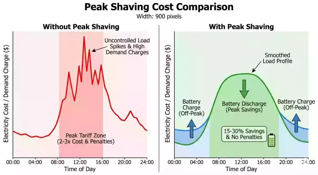 Custom Peak Shaving & Load Shifting Solution for System Integrators & Industrial Facilities 2 Comparative infographic chart showing electricity cost savings with and without peak shaving: The left graph illustrates uncontrolled industrial load spikes and high peak tariff penalties, while the right graph shows how VoltraSys 100kWh ESS smooths the load profile for 15-30% cost reduction.