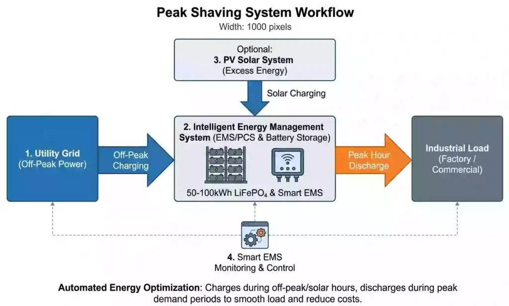 Custom Peak Shaving & Load Shifting Solution for System Integrators & Industrial Facilities 3 Technical workflow diagram of the VoltraSys Peak Shaving System. It illustrates energy flow from the utility grid and optional PV solar into a 50-100kWh LiFePO4 battery unit managed by a Smart EMS , showing how stored power is discharged to industrial factory loads during peak hours to reduce demand charges